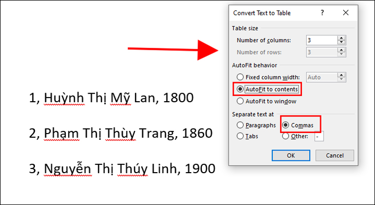 Chọn AutoFit to contents và Commas