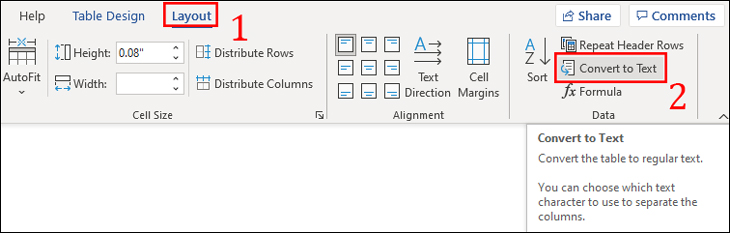 Bạn vào tab Layout, sau đó nhấp chọn Convert to Text.