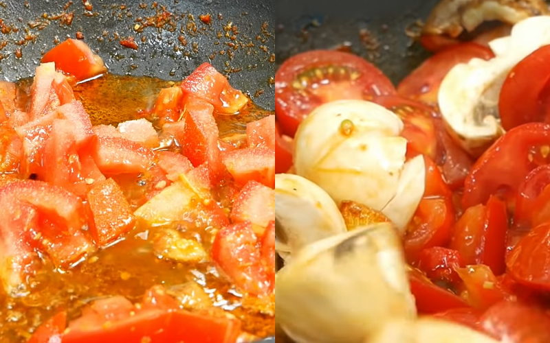Xào cà chua và nấm cho ngấm đều gia vị