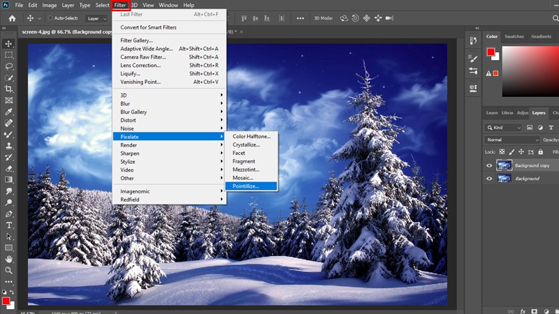 Tạo tuyết trong Photoshop: Tạo ra trang trí đơn giản với tuyết rơi sẽ thật dễ dàng với Photoshop. Tạo tuyết trắng tươi trên hình nền của bạn, làm tăng sự lãng mạn và tạo ra bầu không khí giáng sinh ấm áp.