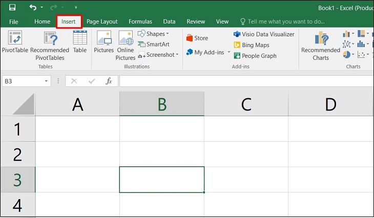 Mở Excel > Chọn Insert