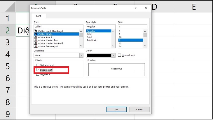 Khi mở hộp thoại Format Cells, bạn nhấn vào tab Font