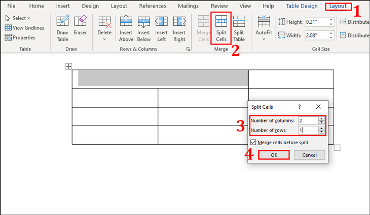 Bạn vào tab Layout rồi chọn Split Cells và điền số cột/hàng muốn tách, sau đó bấm OK để hoàn tất tách ô.