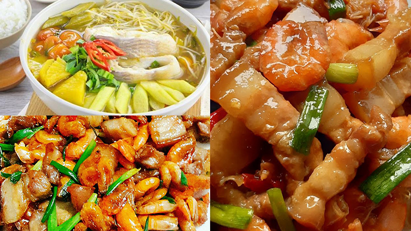 Canh chua thập cẩm và tôm rang thịt