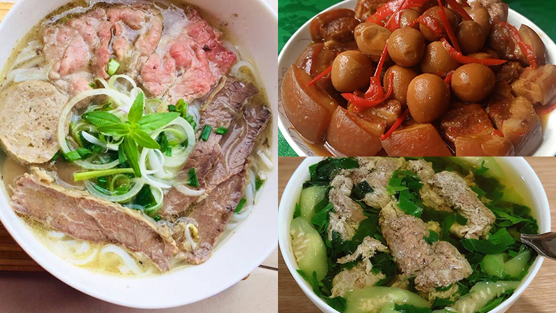 Phở bò, thịt kho trứng cút và canh cua rau đay