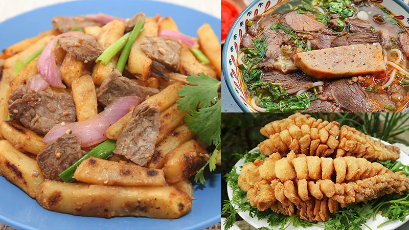 Thịt bò xào khoai tây, bún bò và cá chiên giòn