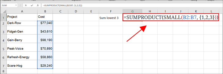 Nhập =SUMPRODUCT(SMALL(B2:B7, {1,2,3})) để tìm tổng của 3 giá trị dưới cùng trong tập dữ liệu