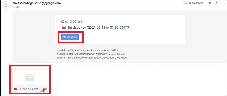 kiểm tra Mail mà Google Meet đã gửi tới cho bạn