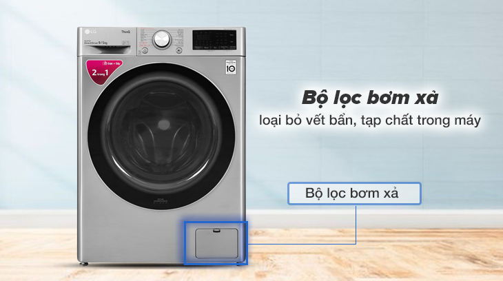 Phía dưới bên phải cửa lồng giặt là bộ lọc bơm xả