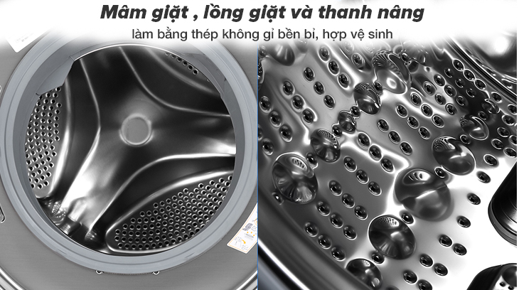 Thiết kế phần mâm giặt, lồng giặt và thanh nâng làm bằng thép không gỉ, ít bám bẩn