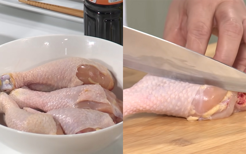 Đùi gà bạn cắt dọc hai bên cho thấm đều gia vị và nhanh chín hơn nhé