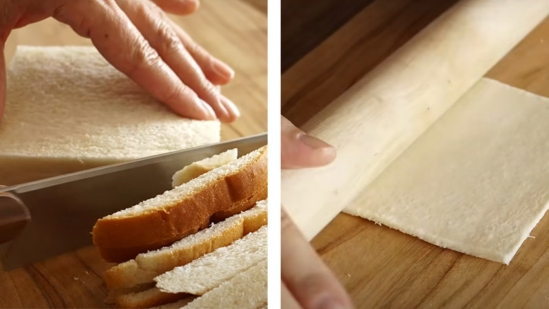 Cắt bỏ viền bánh và cán mỏng bánh mì để làm hot dog không cần dùng bột