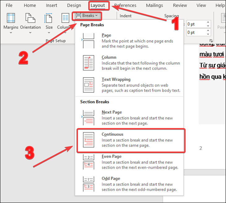 bạn hãy nhấp vào mục Layout. Sau đó, bạn chọn Break và chọn Continuous.