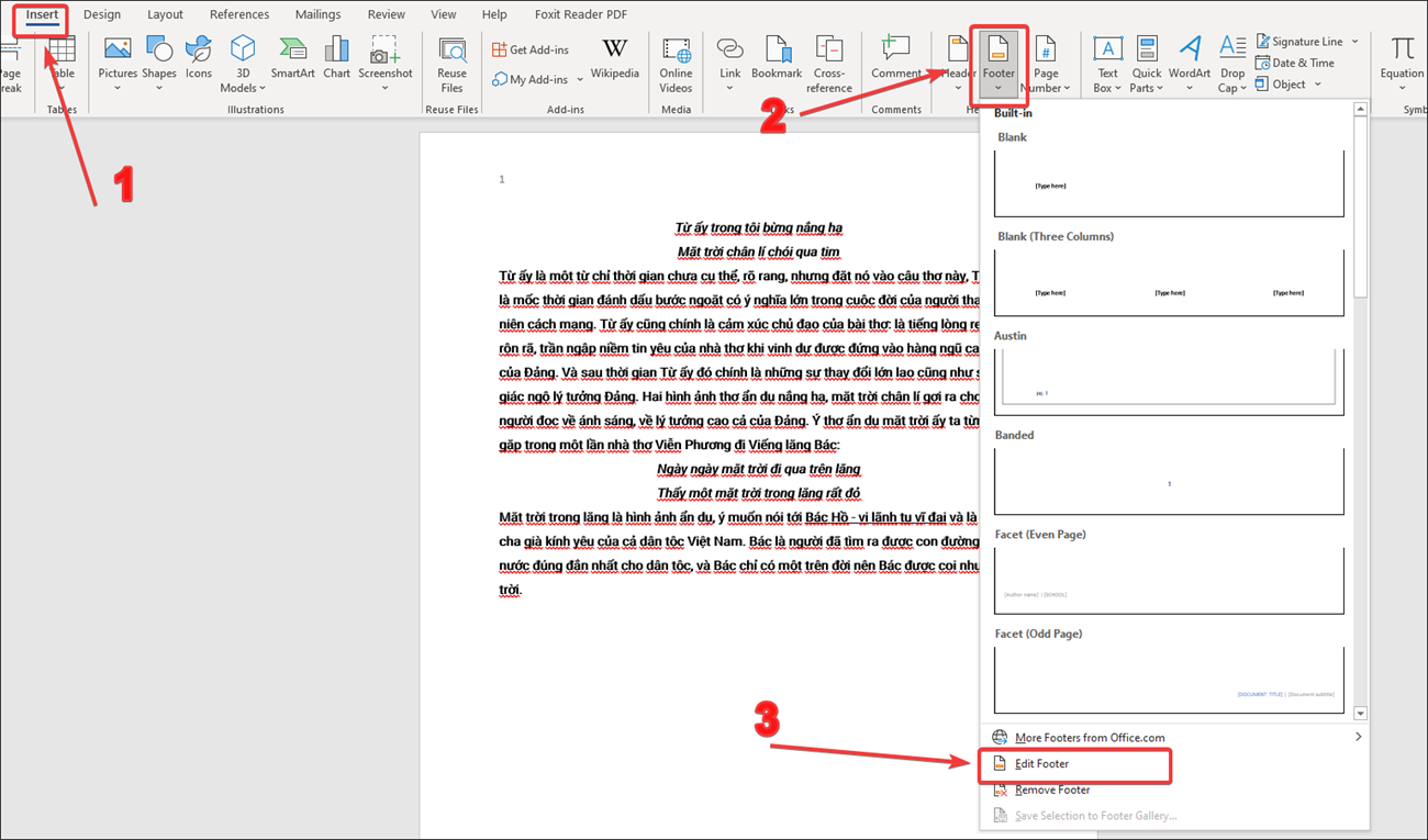 Bạn chọn tab Insert trên thanh công cụ. Sau đó, bạn chọn mục Footer và chọn mục Edit Footer.
