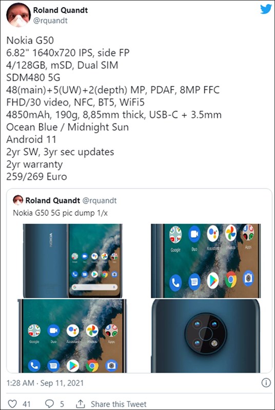 Nokia G50 rò rỉ thông số: Chip Snapdragon 480, giá chỉ 8.4 triệu đồng