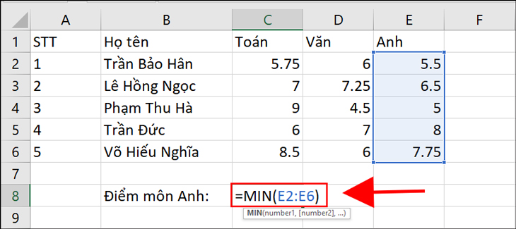 Bạn nhập =MIN(E2:E6) vào ô hiển thị kết quả.