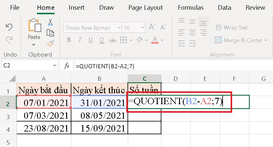 Nhập công thức =QUOTIENT(B2-A2;7) và nhấn Enter vào ô tham chiếu muốn hiển thị kết quả (C2).