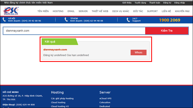 Kết quả tra cứu tên miền trên website esc.vn