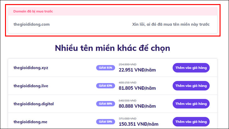 Kết quả tra cứu tên miền trên website hostinger.vn