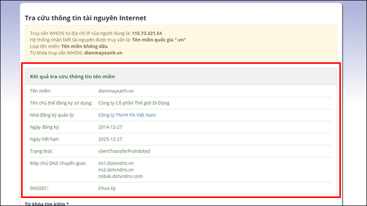 Kết quả tra cứu tên miền trên website vnnic.vn