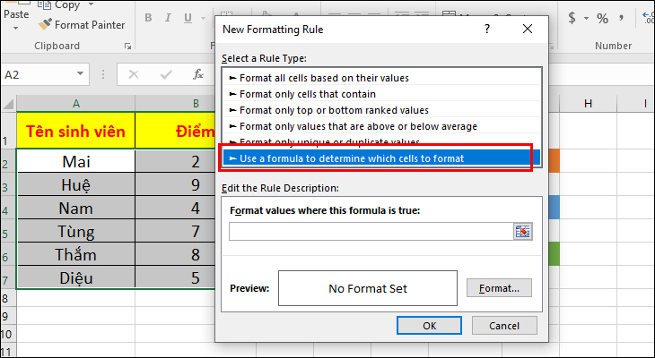 chọn Use a formula to determine which cells to format