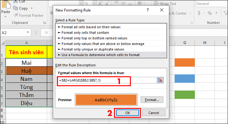 Viết công thức =$B2=LARGE($B$2:$B$7,1)