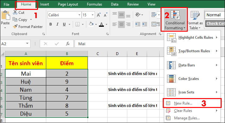 chọn chức năng Conditional Formatting > chọn New Rule…