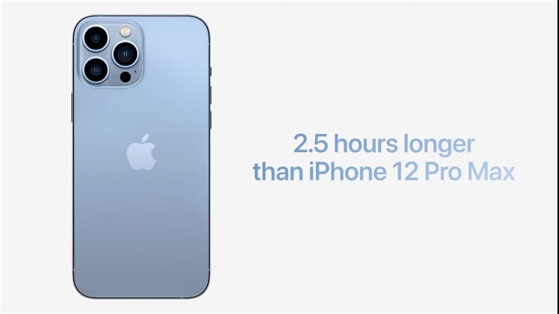 Pin iPhone 13 Pro Max dùng lâu hơn 2.5 tiếng so với iPhone 12 Pro Max. Nguồn: Apple.