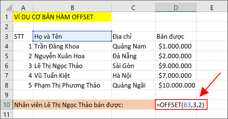 Nhập hàm =OFFSET(B3,3,2) vào ô tham chiếu muốn hiển thị kết quả.