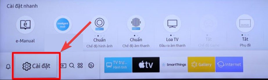 Cách kiểm tra tivi Samsung có hỗ trợ Bluetooth không và cách bật Bluetooth kết nối trên tivi Samsung > Di chuyển menu chọn Cài đặt