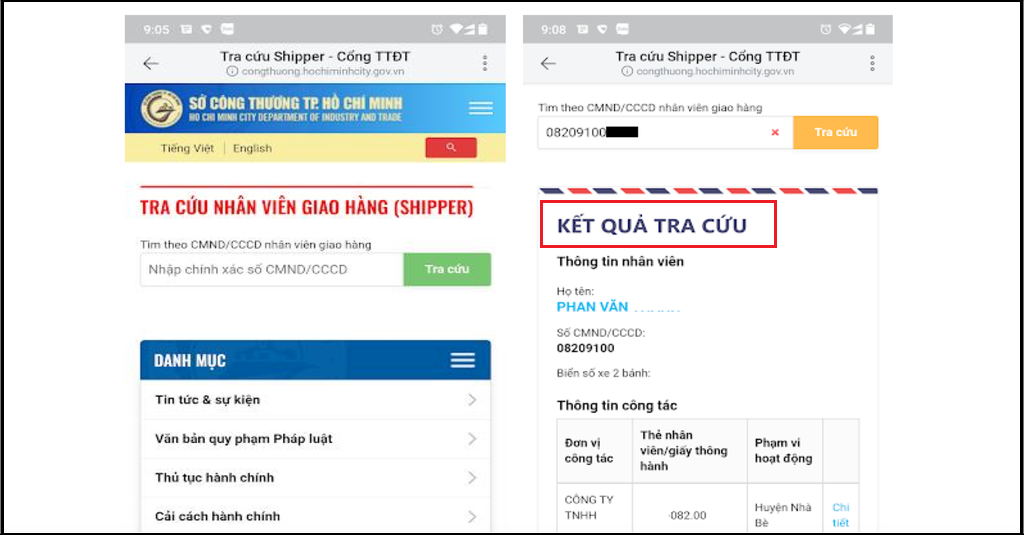 Nếu bạn là shipper được phép hoạt động, hệ thống sẽ xuất ra Kết quả tra cứu