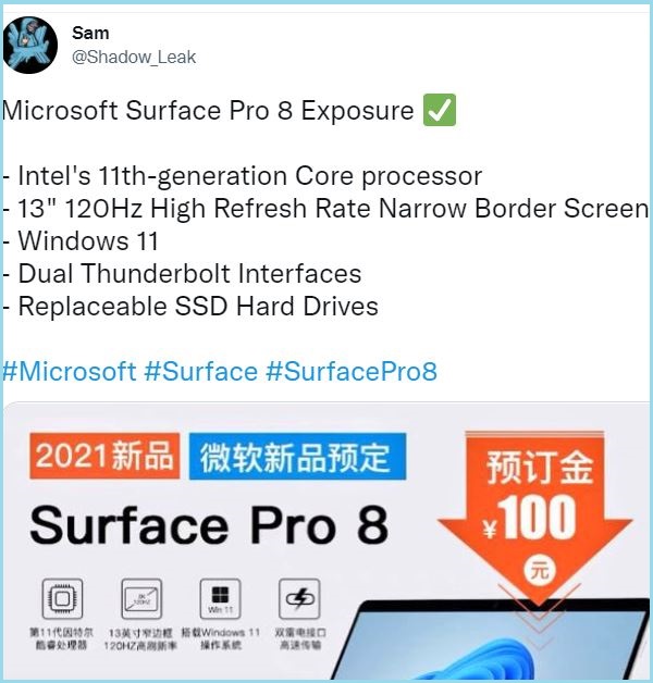 Surface Pro 8 lộ ảnh kèm thông số cấu hình chi tiết: Màn hình 120Hz, có 2 cổng Thunderbolt…