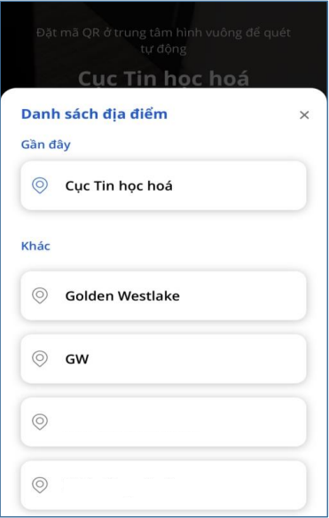 Chọn địa điểm kiểm soát (là nơi mà người kiểm soát đang đứng để tiến hành quét mã QR người ra vào)