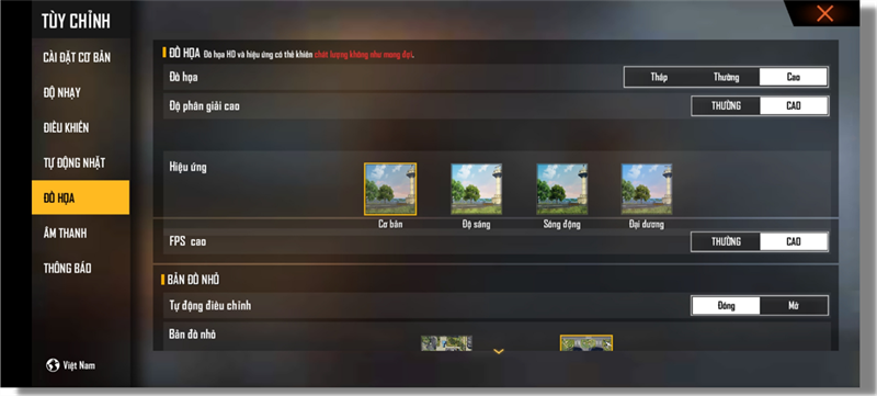 Thiết lập đồ họa trong Free Fire mà Galaxy A52s 5G có thể chỉnh được.