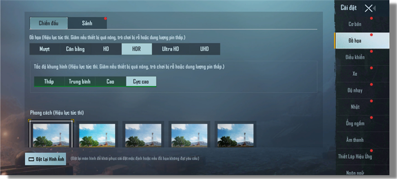 Thiết lập đồ họa trong PUBG Mobile mà Galaxy A52s 5G có thể chỉnh được.