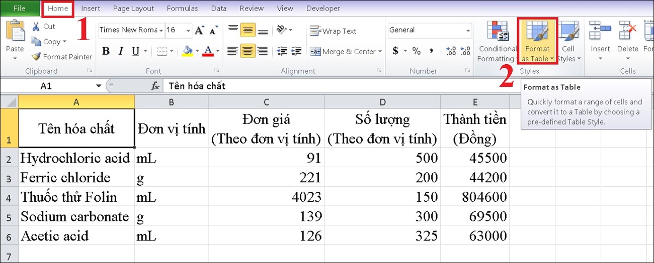 Ở thẻ Home, phần Styles > Chọn Format as Table