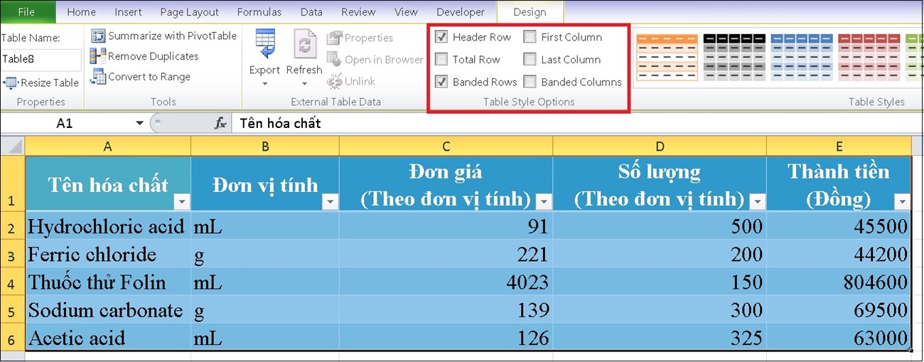 Chọn một ô hoặc 1 cột bất kỳ trong bảng bạn đã tạo sẽ xuất hiện phần Table Tools > Nhấn vào mục Design.