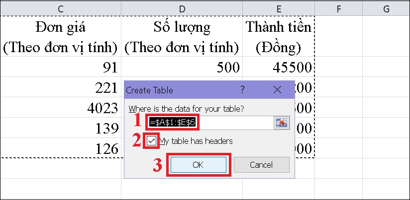 Hộp thoại Create Table hiện lên > Quét vùng dữ liệu bạn muốn tạo bảng > Bấm OK.