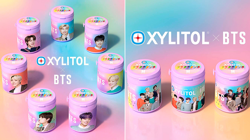 Sản phẩm Xylitol x BTS có thiết kế hộp nhựa hình trụ tròn quen thuộc với hình ảnh của từng thành viên BTS hoặc cả nhóm được in trên nhãn chai kẹo.
