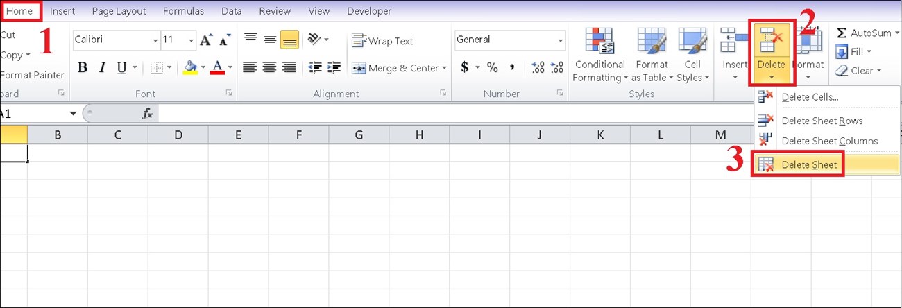 Trên tab Home, chọn Delete > chọn Delete Sheet