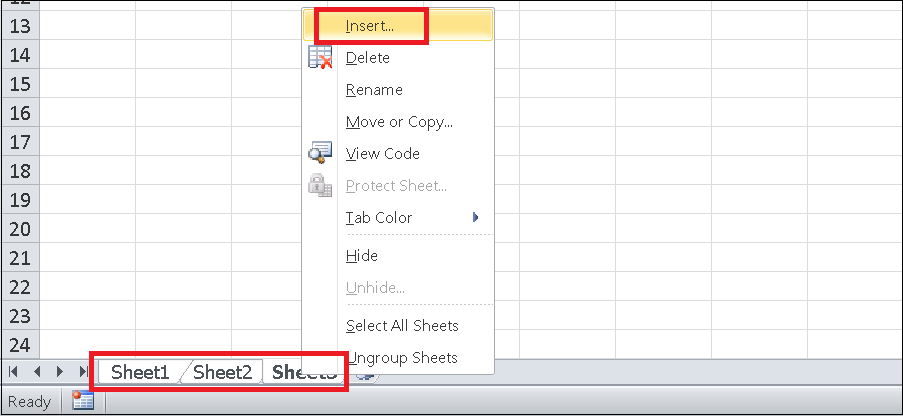 Bạn nhấp chuột phải vào các worksheet bạn đã chọn > Chọn Insert.