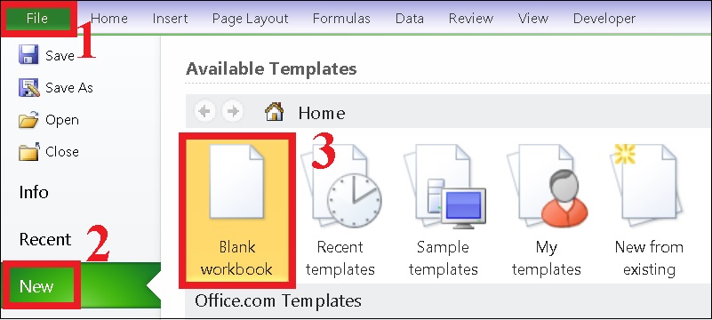 Đầu tiên, bạn chọn tab File > Chọn New. Tại Available Templates, bạn chọn Blank Workbook.