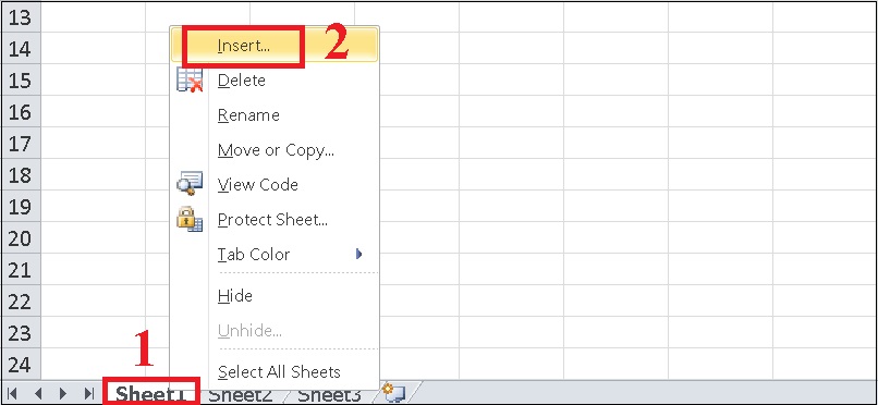 Đầu tiên, bạn nhấp chuột phải vào worksheet hiện tại > Chọn Insert