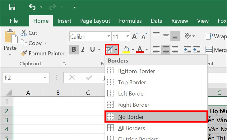 Chọn No border để xóa tất cả đường viền