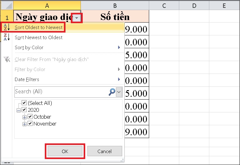 Bạn chọn phần dữ liệu ngày tháng cần sắp xếp > Chọn tab Data > Chọn Filter.” class=”lazy” src=”https://cdn.tgdd.vn/Files/2021/09/23/1385063/cach-sap-xep-ngay-thang-tang-dan-trong-excel-cuc-k-7.jpg” title=”Bạn chọn phần dữ liệu ngày tháng cần sắp xếp > Chọn tab Data > Chọn Filter.”/></p><p><strong>Bước 2:</strong> Tại cột dữ liệu thời gian sẽ xuất hiện <strong>biểu tượng hình tam giác. </strong>Bạn chọn vào biểu tượng đó > Chọn <strong>Sort Oldest to Newest</strong> > Chọn <strong>OK</strong>.</p><p><img alt=