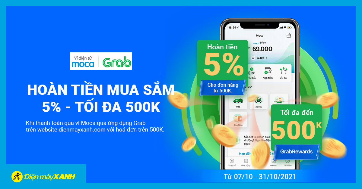 Hoàn tiền 5%, tối đa 500K khi thanh toán hoá đơn qua Ví Moca trên ứng dụng Grab