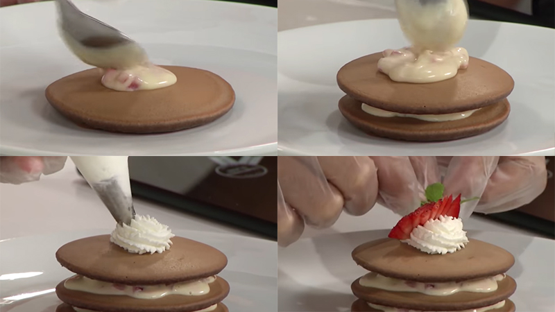 Xếp và trang trí pancake socola nhân kem dâu
