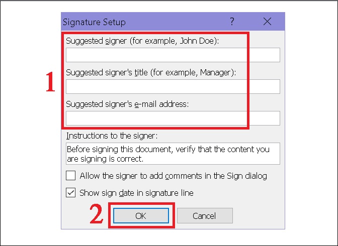 Hộp thoại Signature Setup sẽ xuất hiện