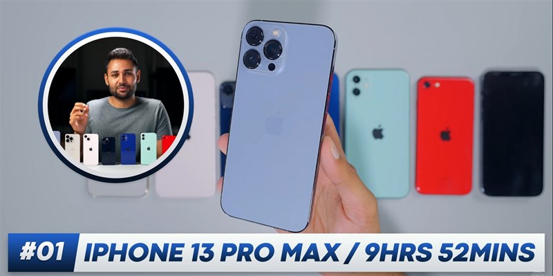 Pin iPhone 13 Pro Max có thể hoạt động liên tục gần 10 tiếng sau bài test của Arun Maini. Nguồn: Mrwhosetheboss.