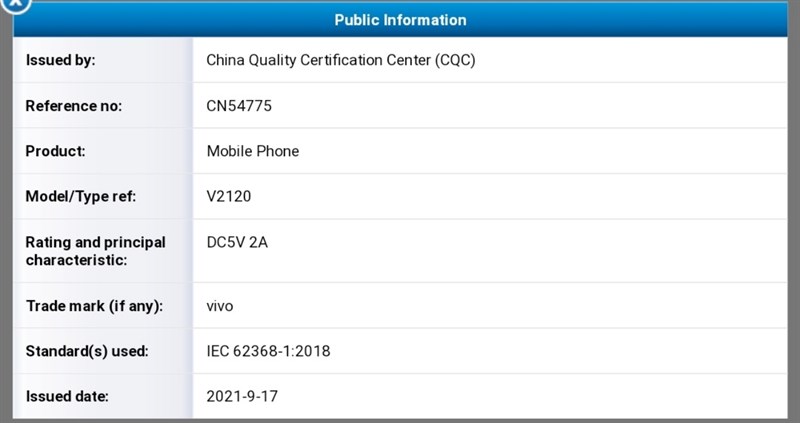CQC xác nhận Vivo V2120 hỗ trợ sạc 10 W